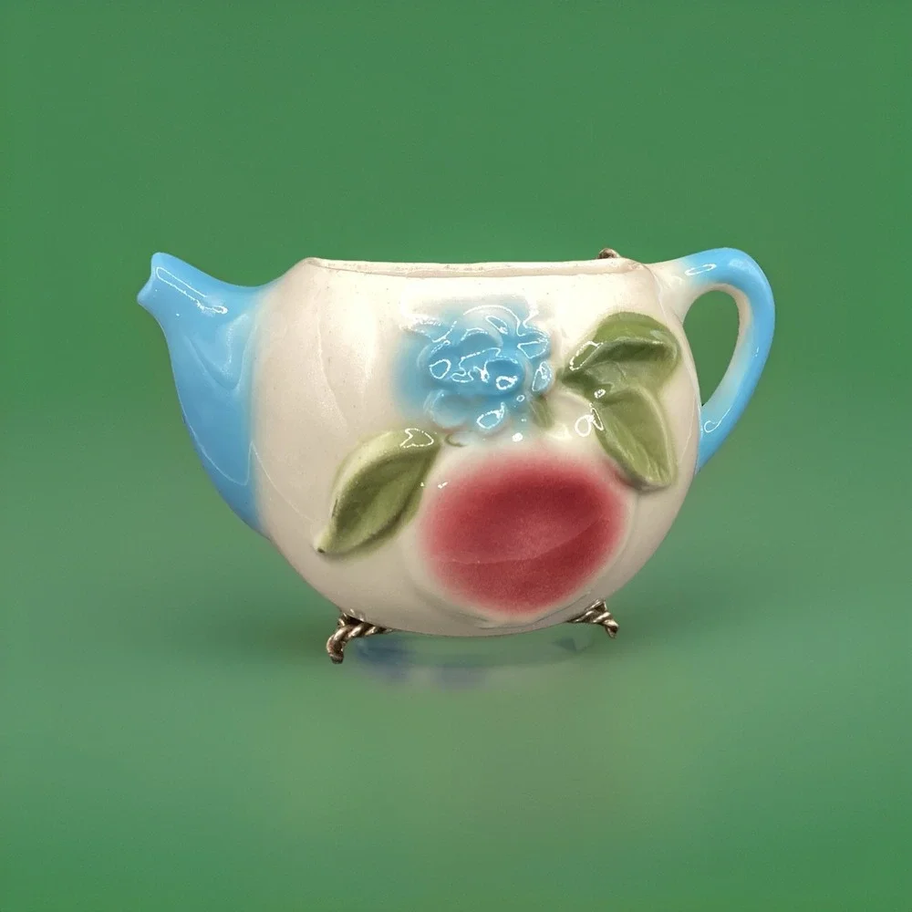 Vintage 1950's Pottery Teapot Wall Pocket Planter Fruit & Floral Ceramic‎